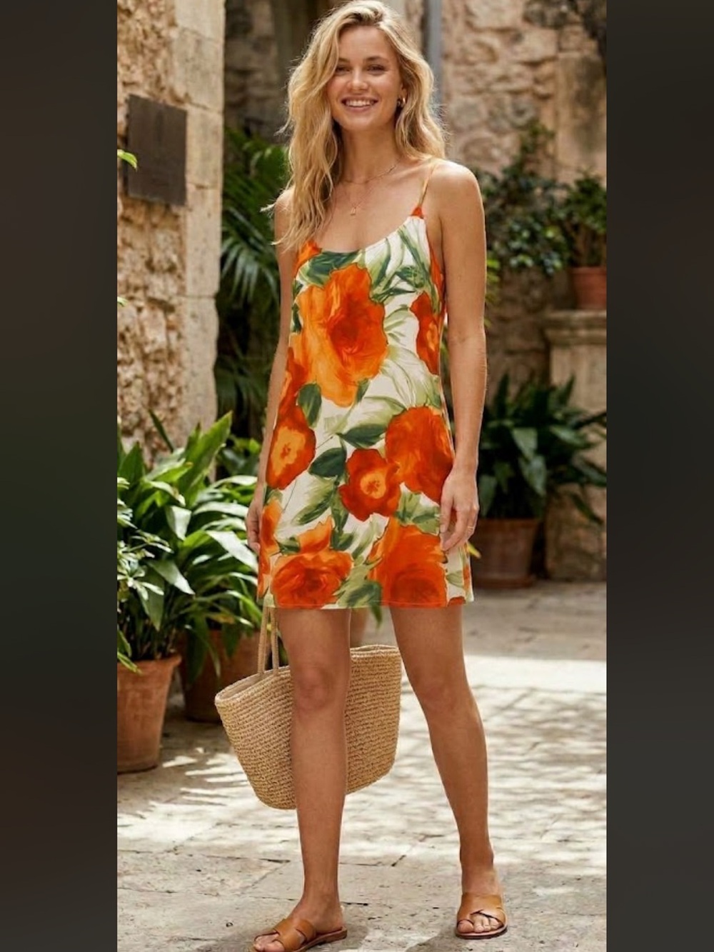 Antonio Melani slip vibrant orange and sage green watercolor Dress, Made in USA
